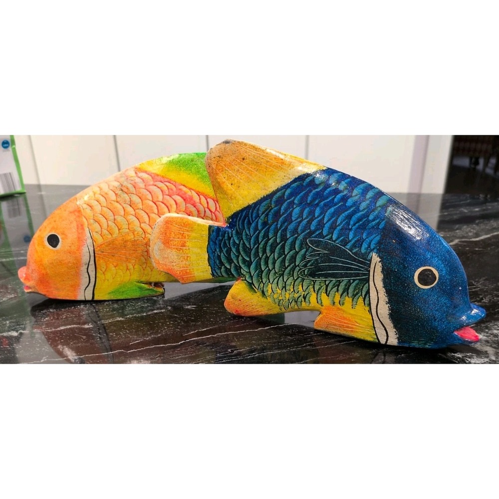 VTG Dominican Republic Hand Carved Wood Fish Figurines Set 2 Tropical Blue 10"